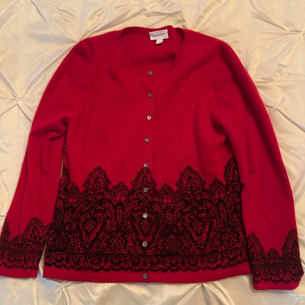 Charter Club Elegant 100% cashmere Red Lace design cardigan, L